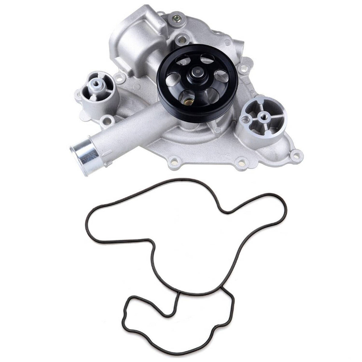 Water pump with black pulley, silver housing, and rubber gasket set