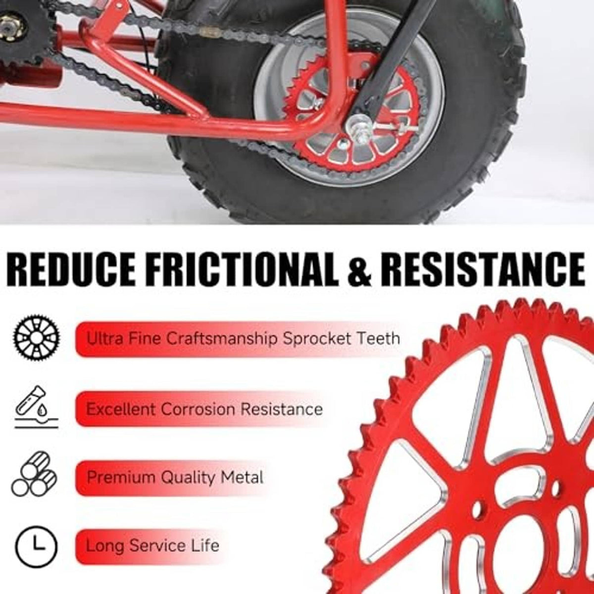Red 60T chain sprocket with drive chain, close-up on mini bike wheel