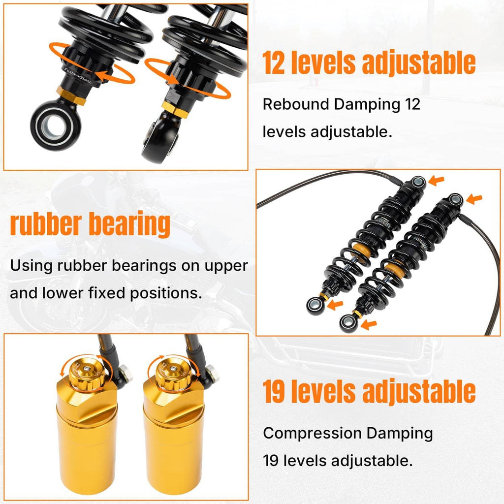 Adjustable remote reservoir shocks with black coil springs and rebound/compression damping