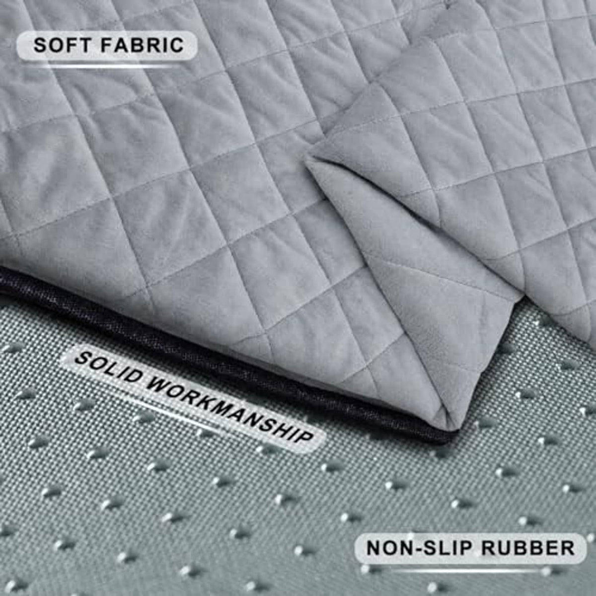 Light gray quilted plush seat cover fabric with non-slip rubber backing