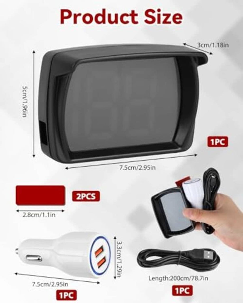 Black GPS HUD speedometer with green display; included USB cable and car power plug.