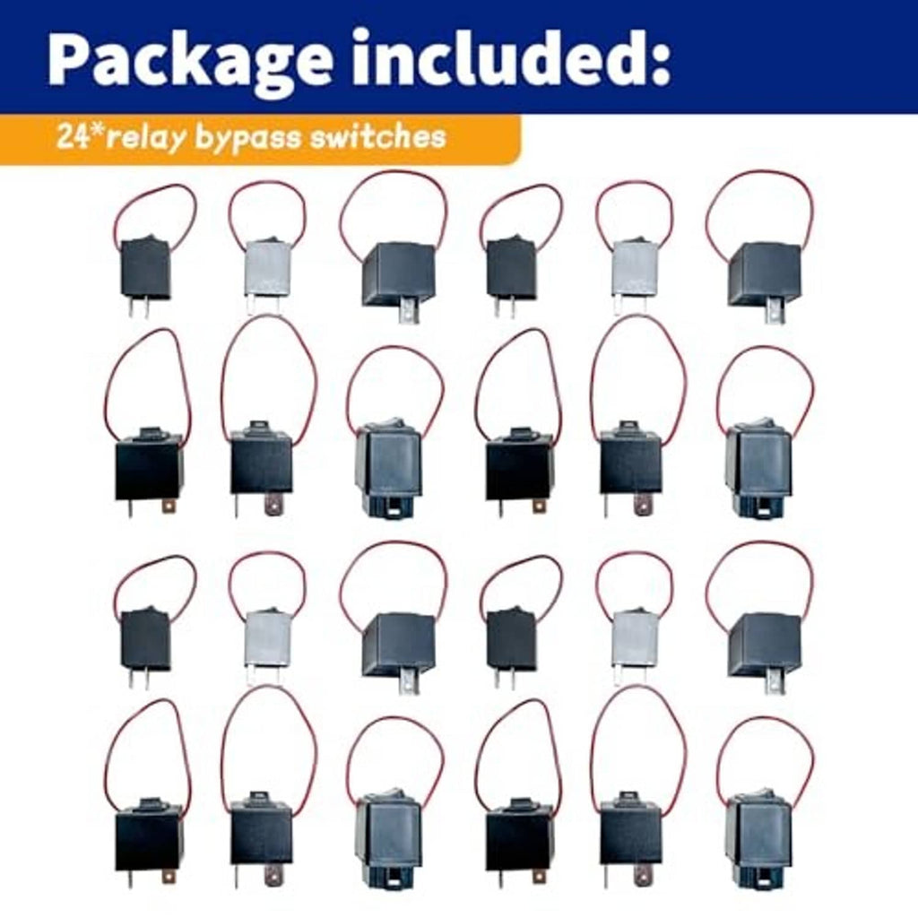 24-pack relay bypass switches, black and gray housings with red wiring loops