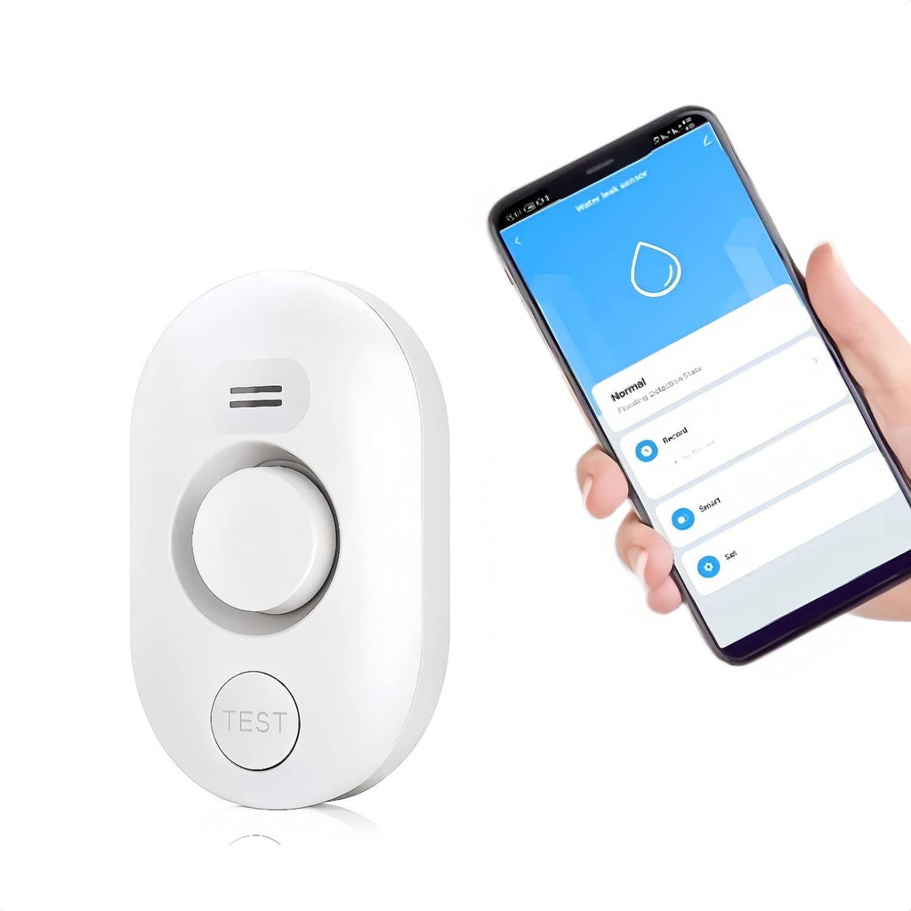 White WiFi water leak detector alarm with test button and phone app screen