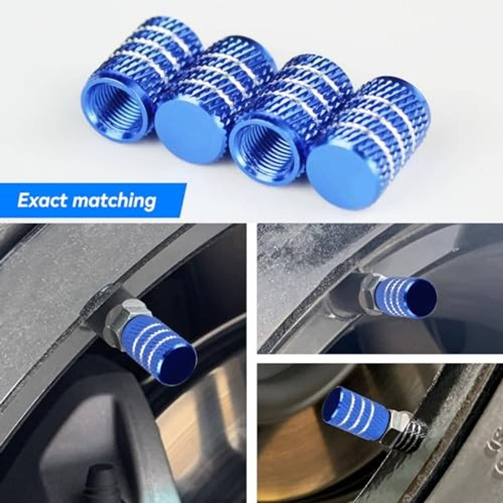 Blue tire valve stem caps, threaded openings and textured tops, four-pack