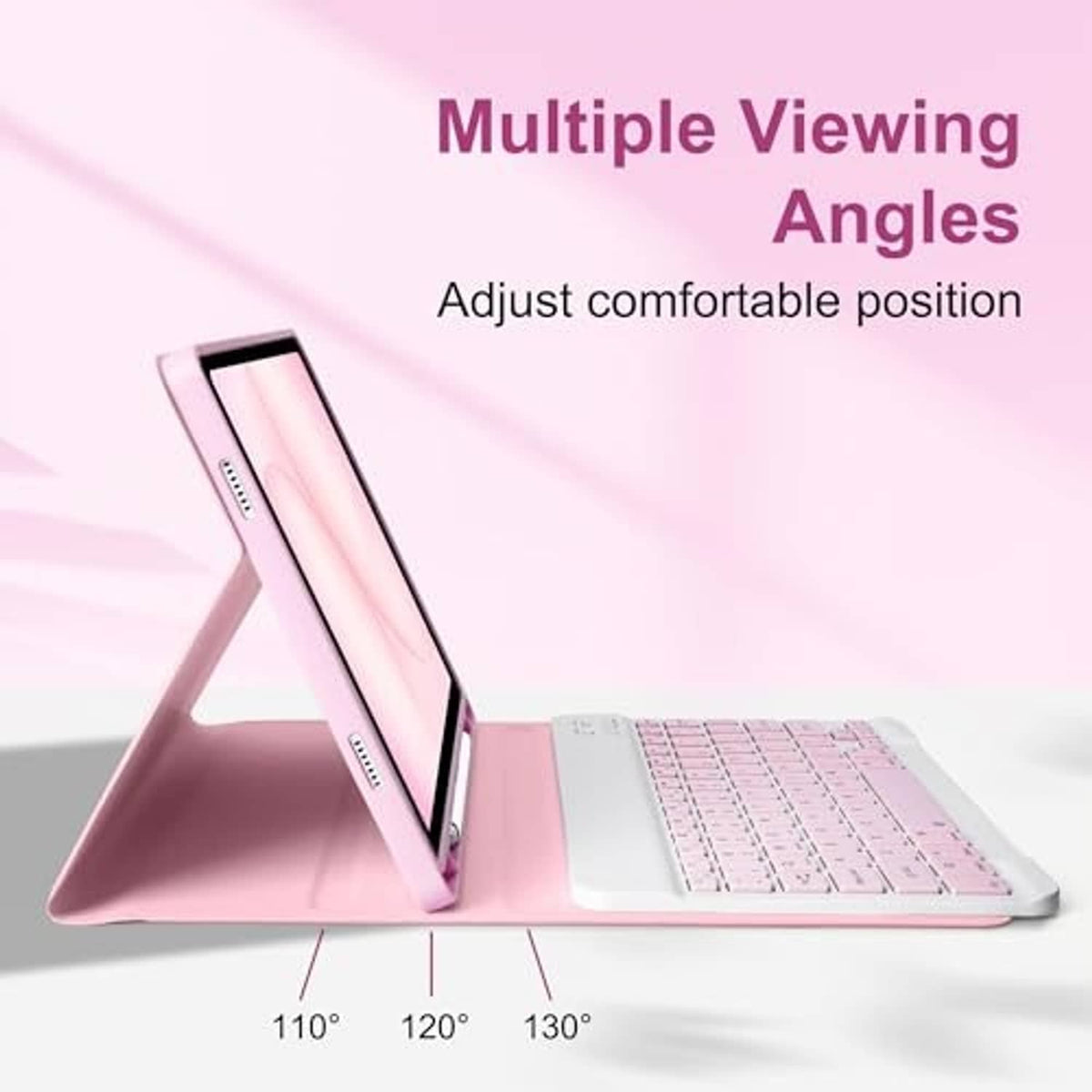 Pink keyboard case propped at a side angle, showing adjustable viewing angles