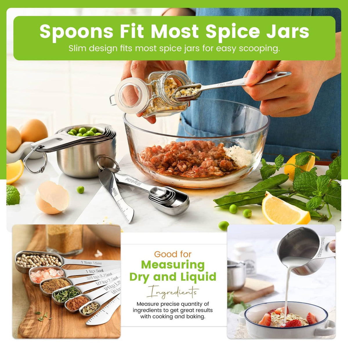 Stainless steel measuring spoon lifting herbs from a jar, with engraved markings