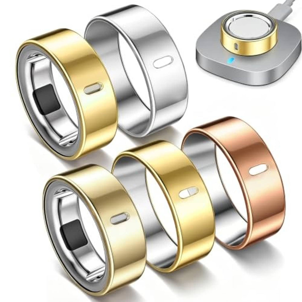 Five TPU ring covers in gold, silver, and rose-gold tones, with a charging-base view.