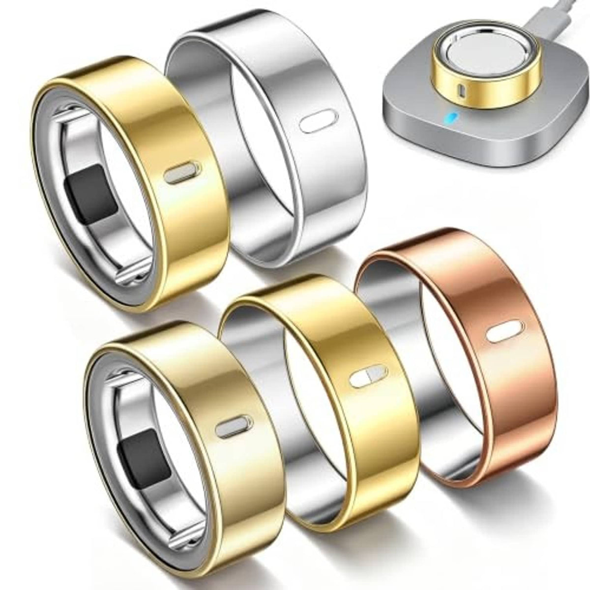 Five TPU ring covers in gold, silver, and rose-gold tones, with a charging-base view.