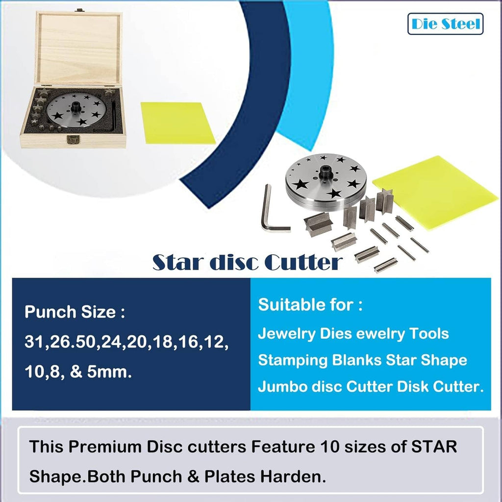 Star disc cutter set with 10 star punches, case, and mounting tools