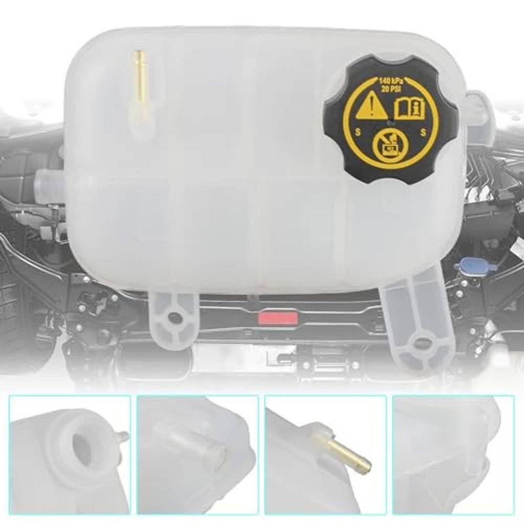 Translucent white coolant overflow reservoir tank with black cap and yellow symbol