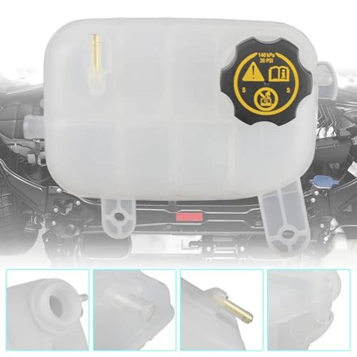 Translucent white coolant overflow reservoir tank with black cap and yellow symbol