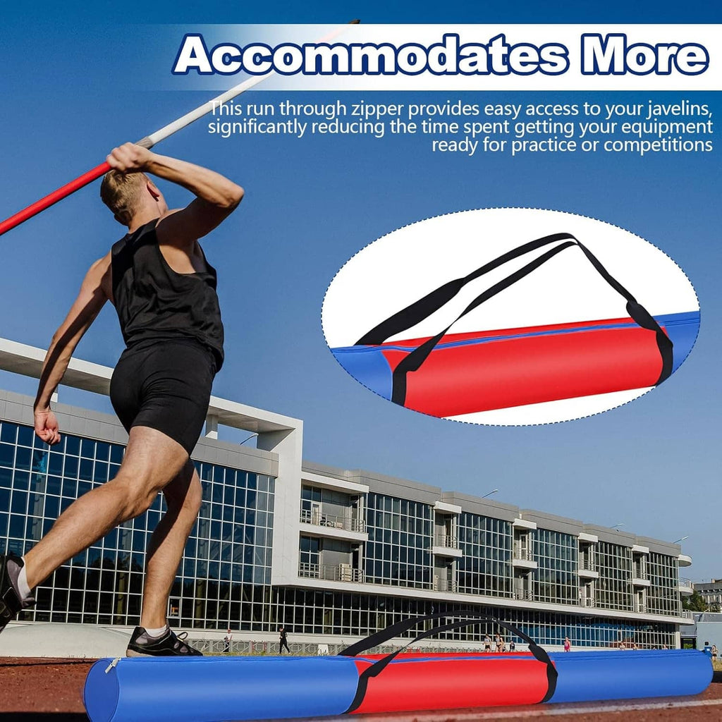 Blue javelin bag with red insert and black straps, shown laid across