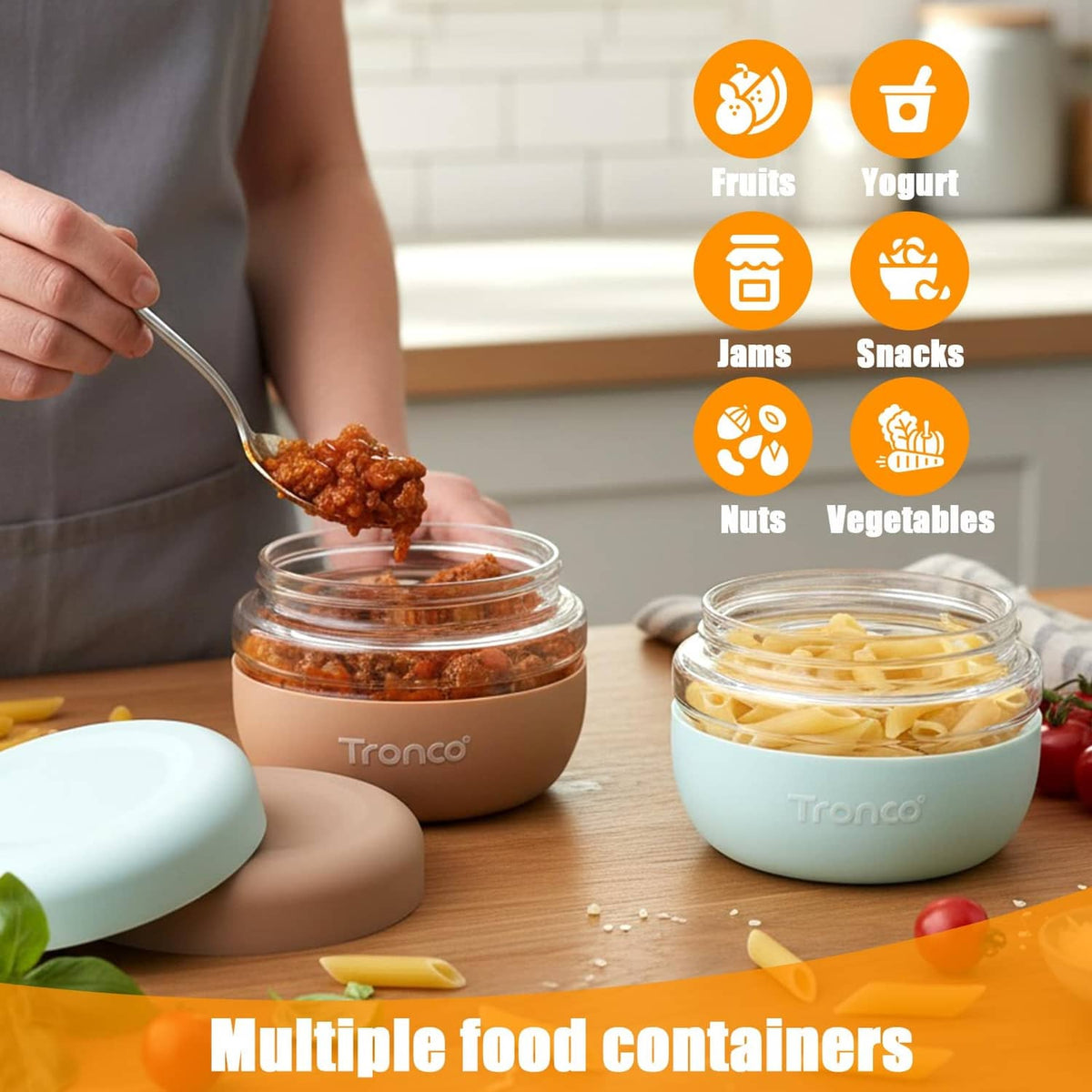 Multiple 16 oz glass food storage containers with lids and visible contents