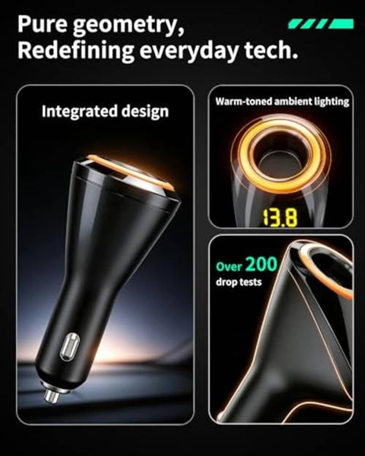 Black car cigarette lighter splitter adapter with amber ring and USB charging ports