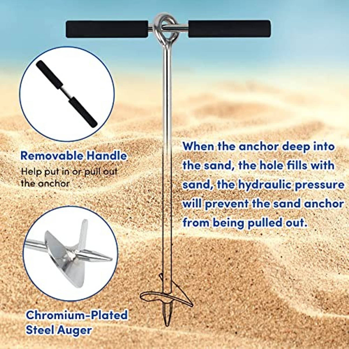 Chromium-plated sand anchor with black handles and three-prong auger, removable-style design