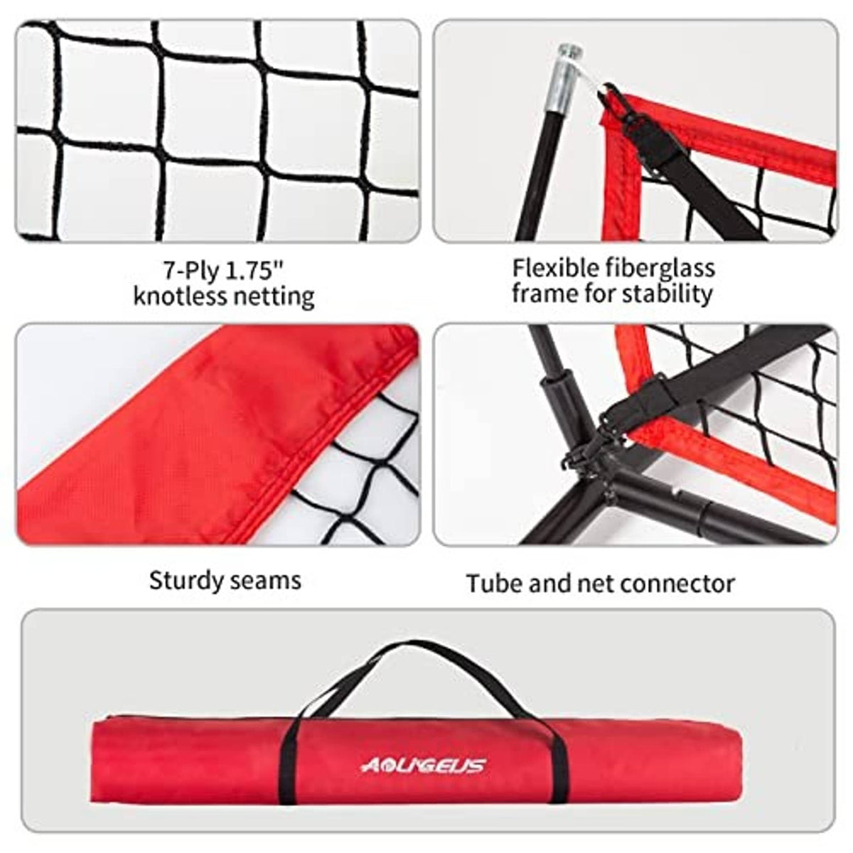 Practice net accessory images: knotless mesh, fiberglass frame, sturdy seams, red carry bag
