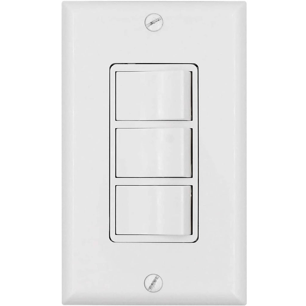 White triple rocker light switch plate with three rectangular rocker buttons