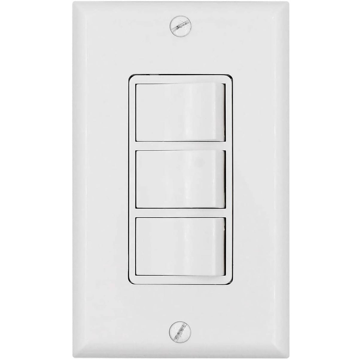 White triple rocker light switch plate with three rectangular rocker buttons