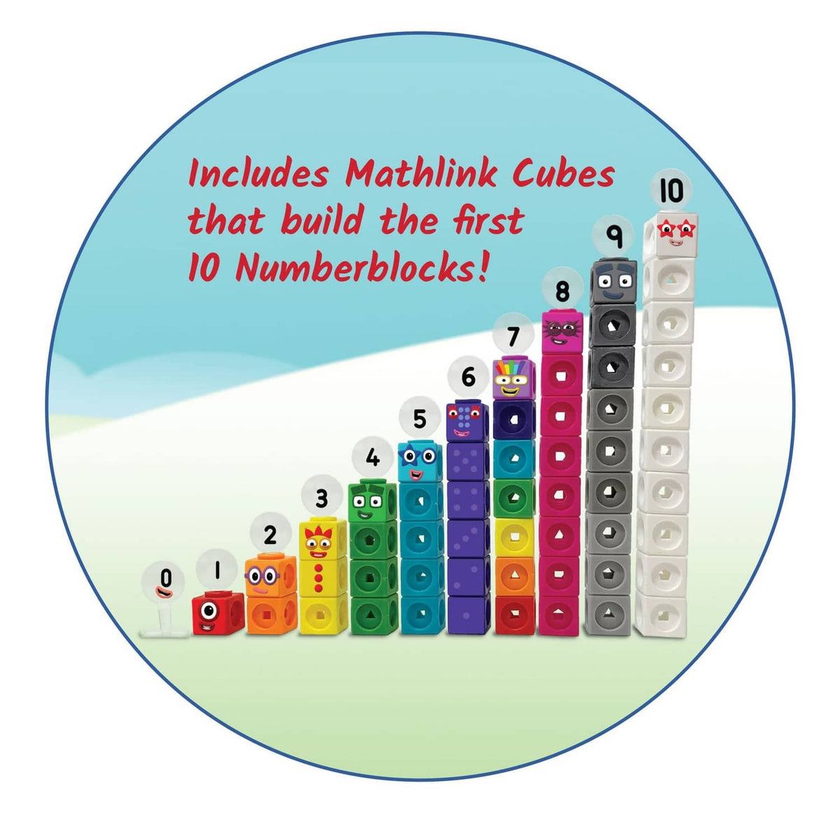 Numberblocks 1-10 cube set graphic with stacked cubes labeled 1 through 10