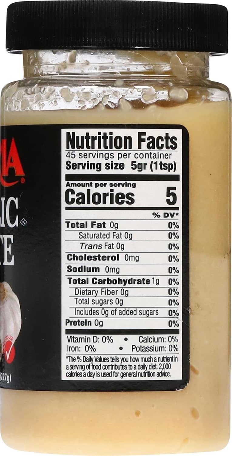 Garlic paste nutrition facts panel with serving size and calorie information.