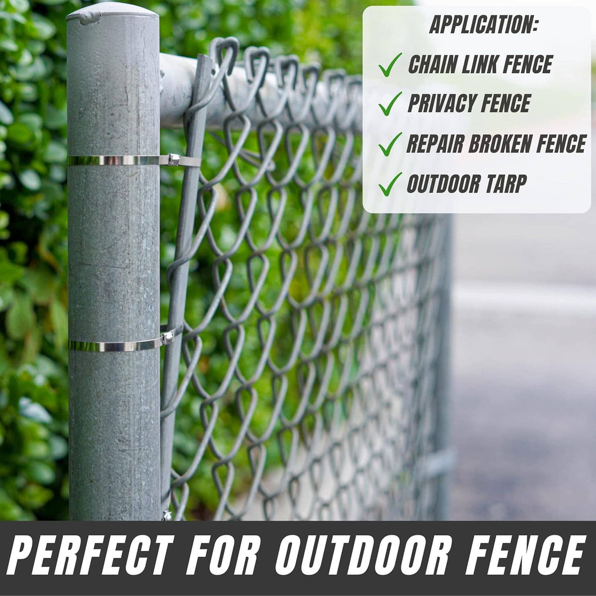 Metal zip tie fastening chain-link fence mesh to a galvanized metal post