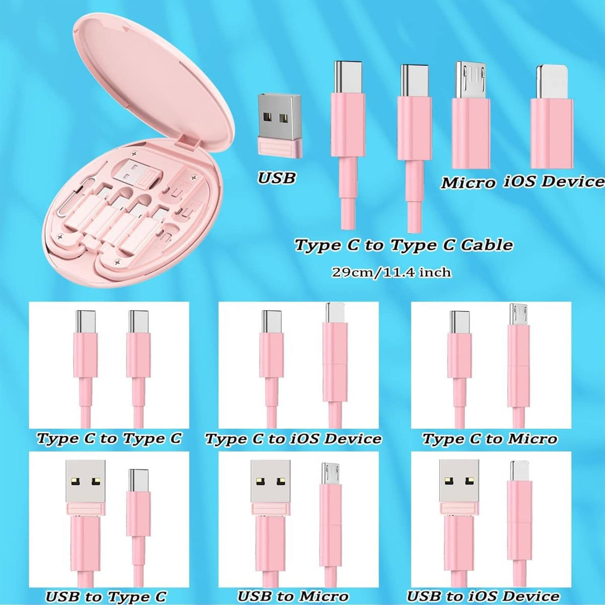 Pink cable kit with phone holder and USB adapter, plus Type C to iOS connector set