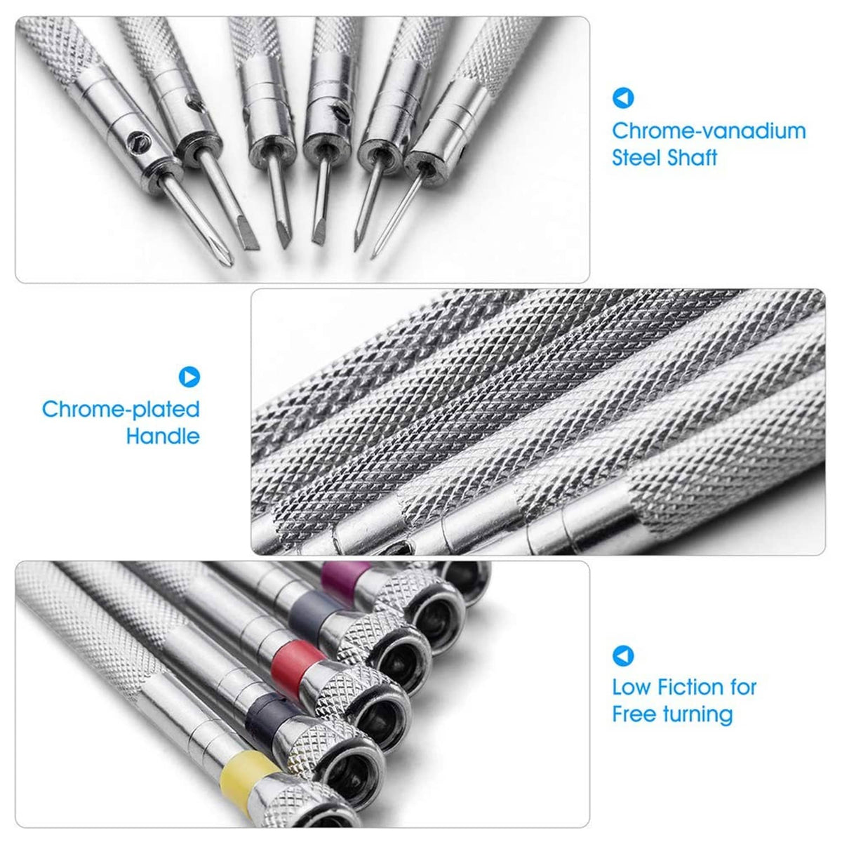 Chrome-plated micro screwdriver heads with textured grips and steel tips