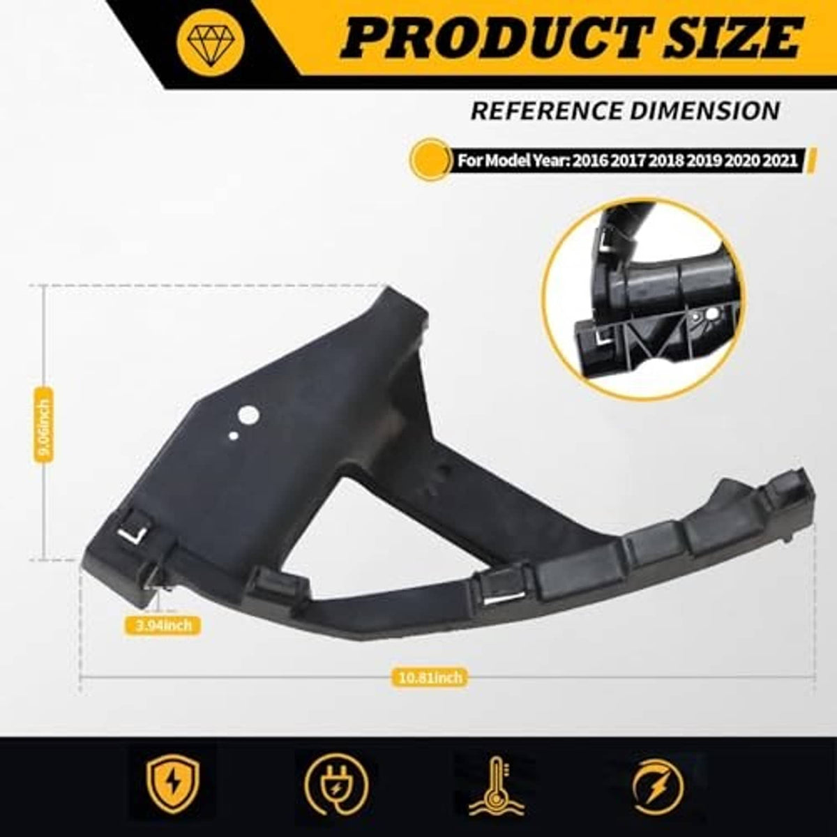 Black plastic front headlight bracket retainer with reference measurement diagram