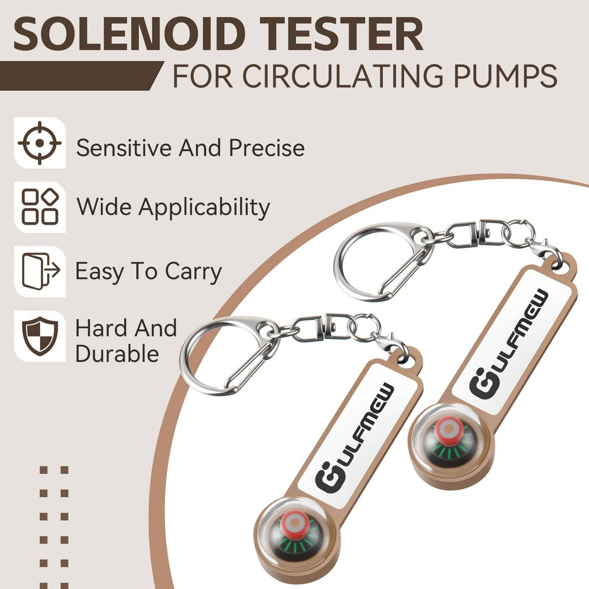 Two brown keychain solenoid testers with metal split rings and colorful magnetic disc