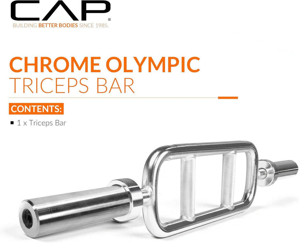 Chrome Olympic triceps bar with curved frame and end cap sleeves