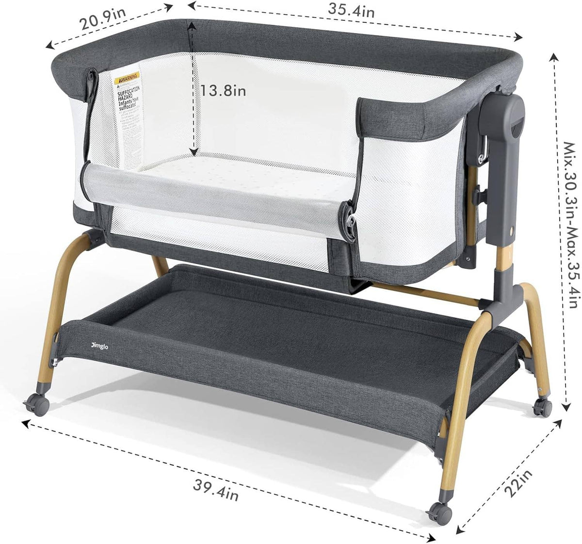 Baby bassinet with gray padded frame, white mesh panels, and height adjustment legs.