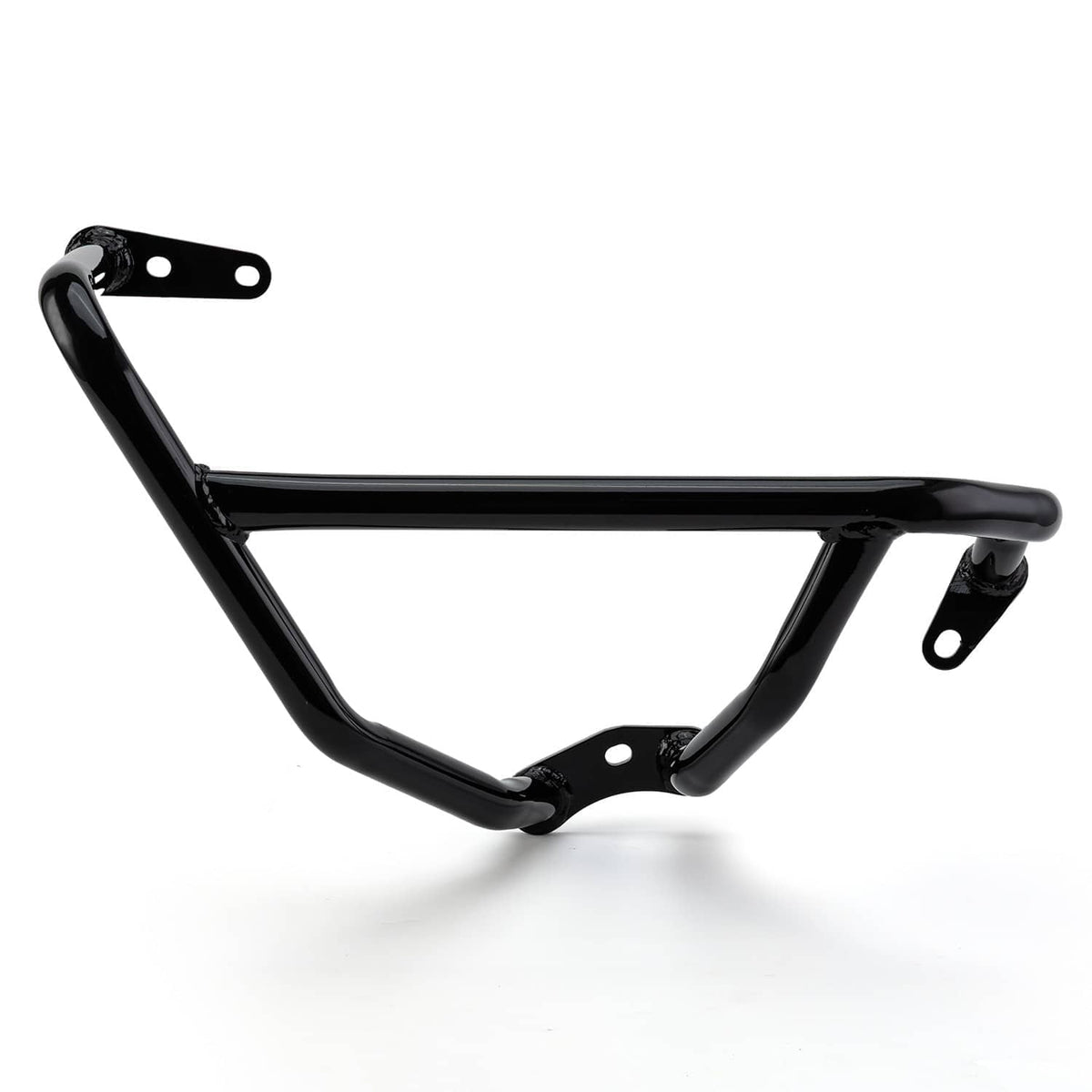 Black crash bar close-up with curved tube and mounting bracket for bike