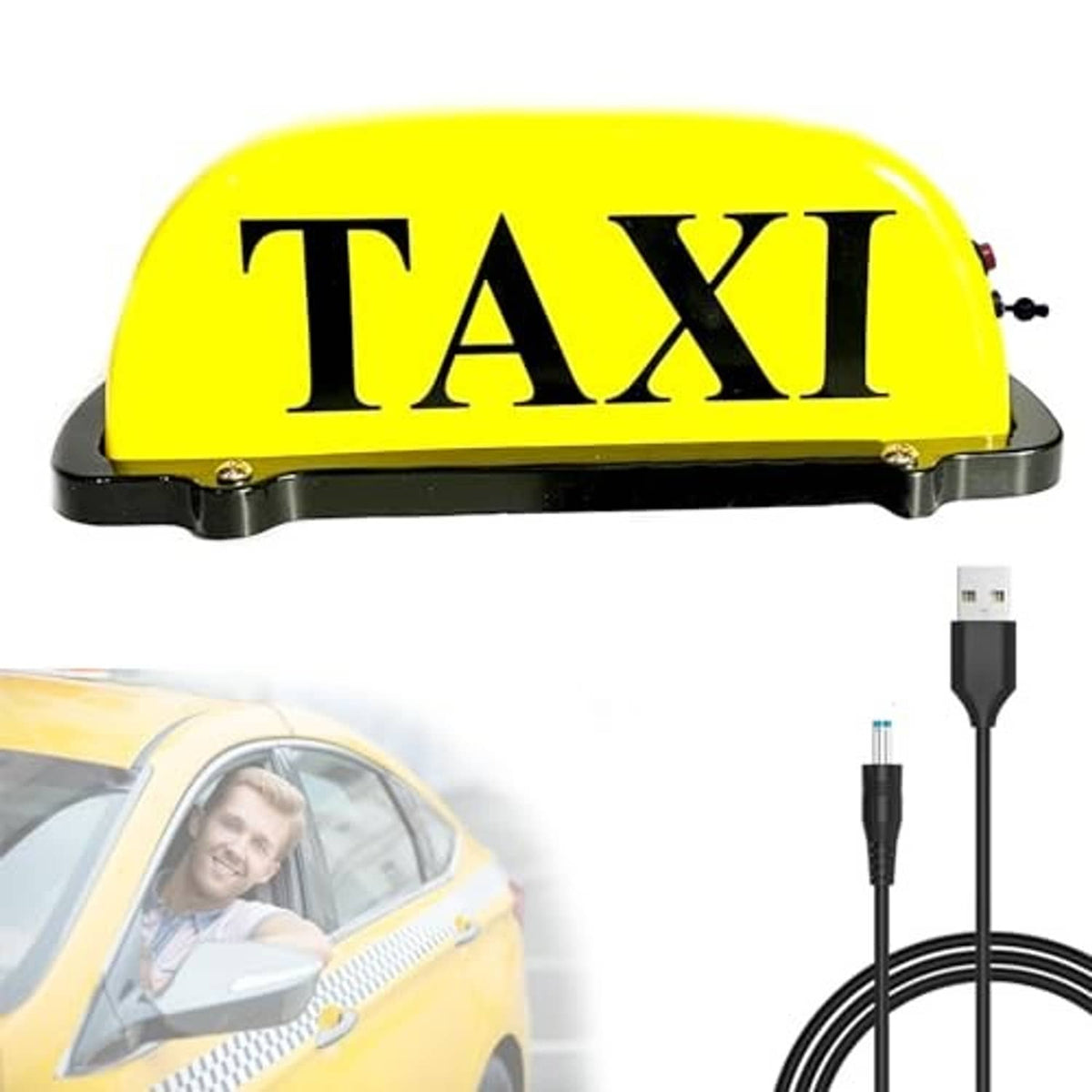 Yellow taxi roof light with black base and USB charging cable