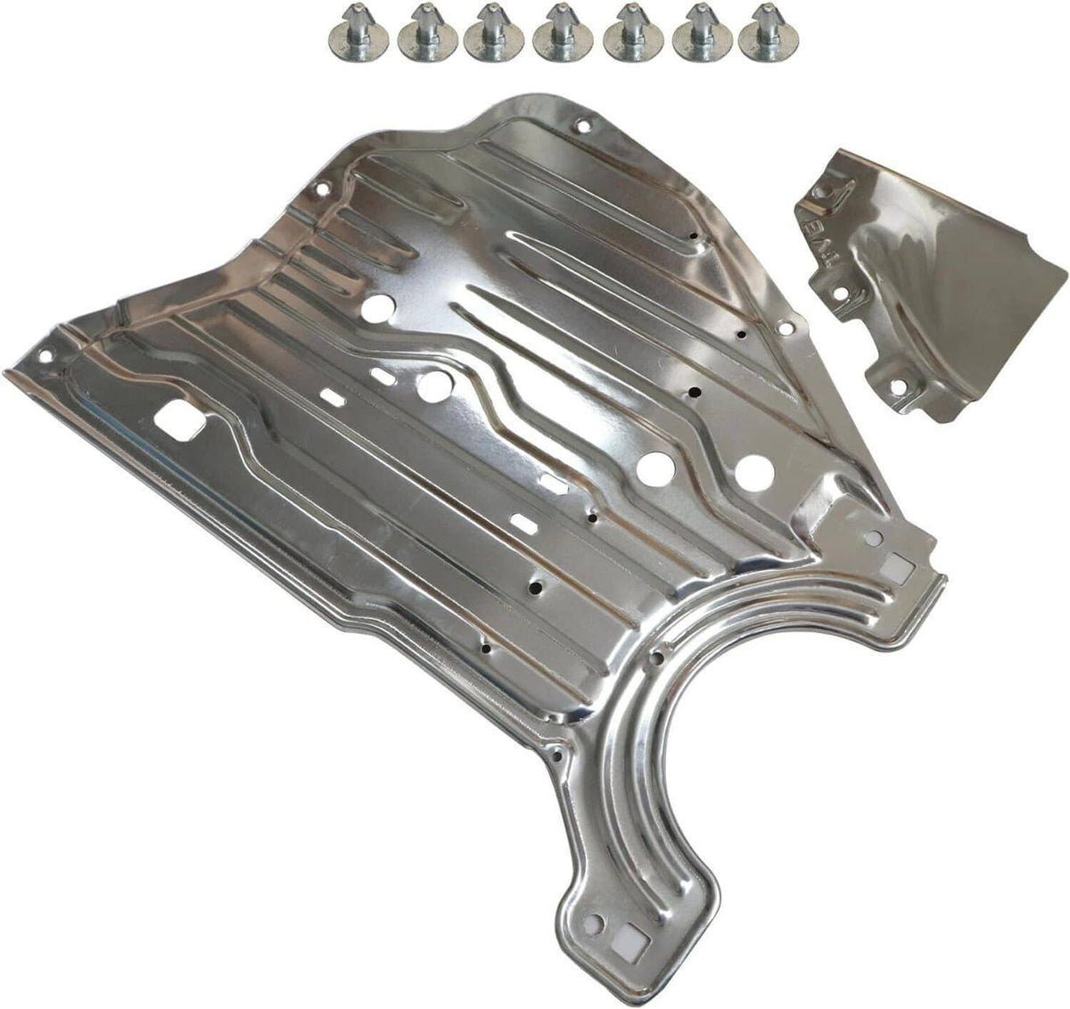 Engine splash guard shield with mounting hardware on a silver metal plate