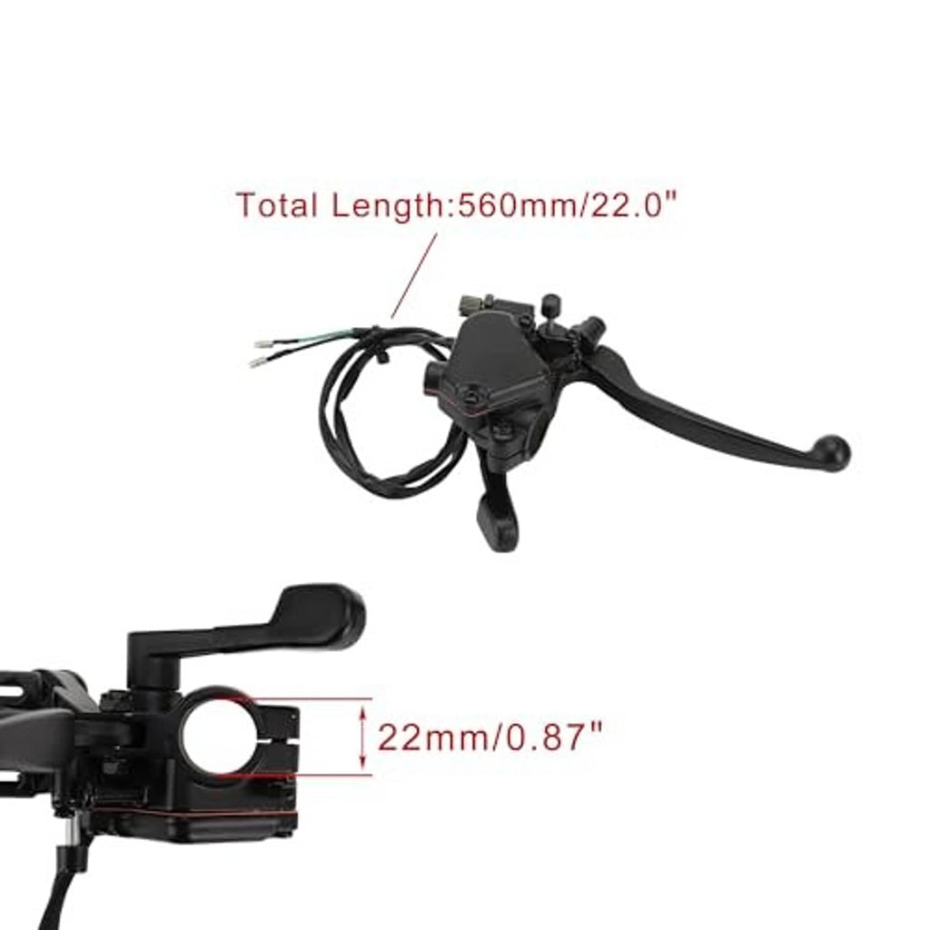 Thumb throttle with black dual brake lever controls and cable wiring harness.