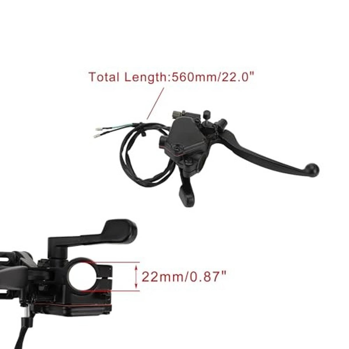 Thumb throttle with black dual brake lever controls and cable wiring harness.