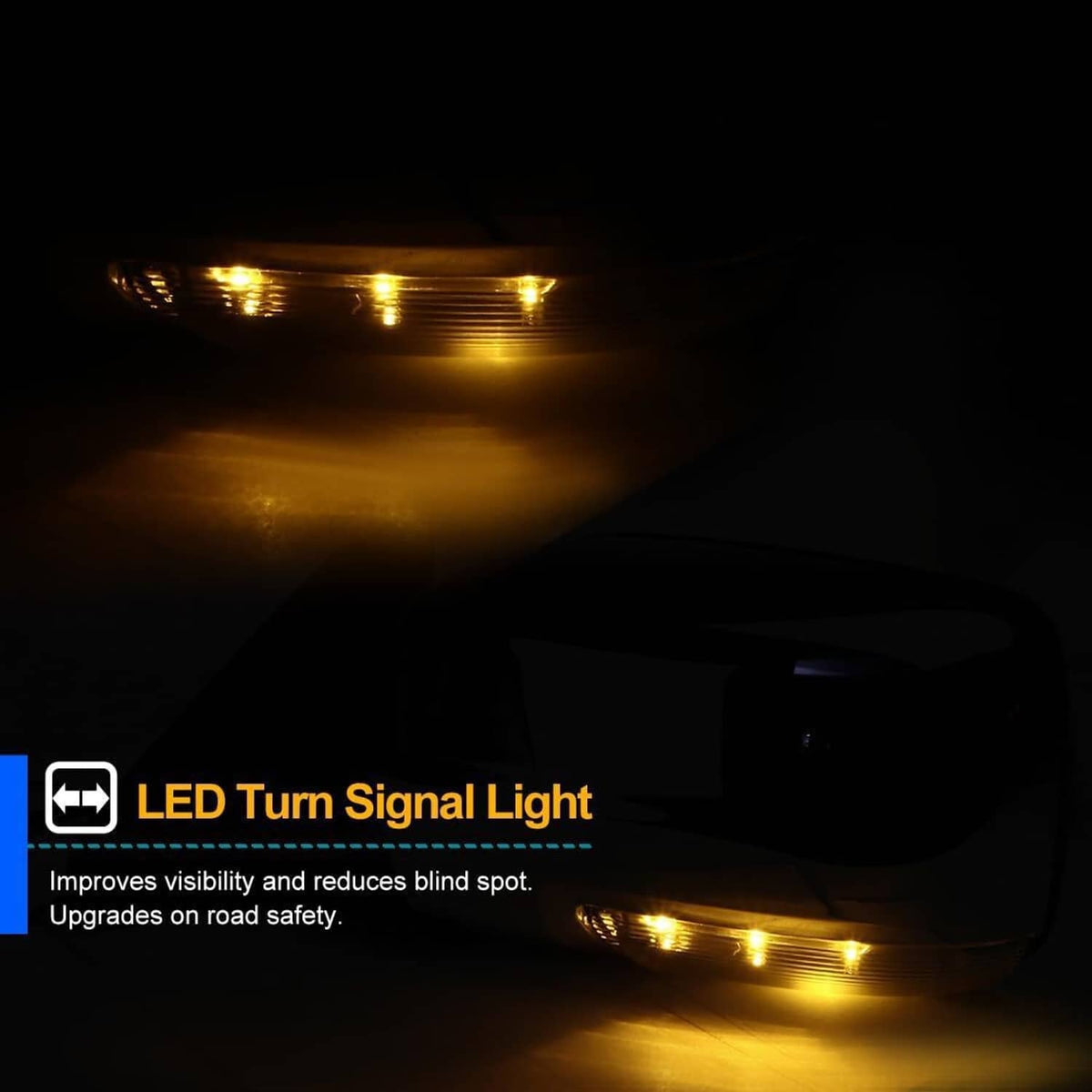 Left side mirror turn signal light with illuminated LED, amber glow