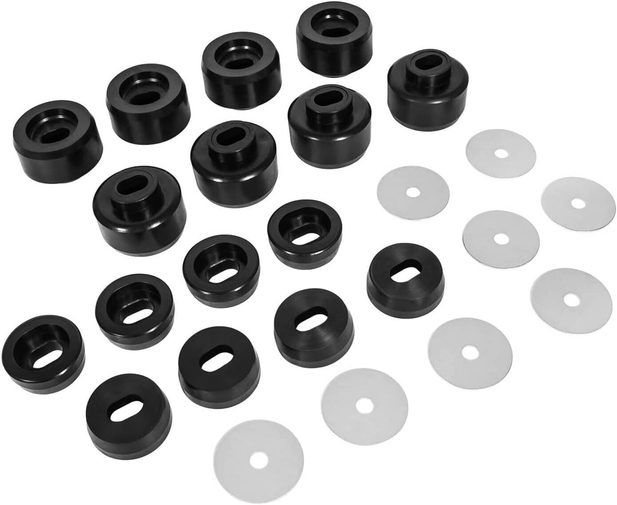 Black rubber bushings and silver washers with center openings
