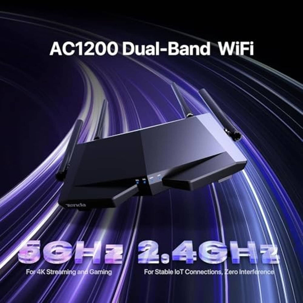 Tenda WiFi router with four antennas, centered on a speed-themed graphic.