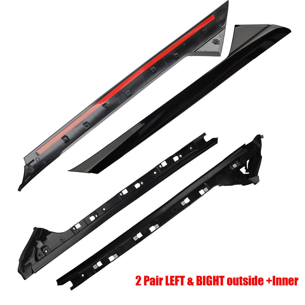 A-pillar molding trim kit with outside and inner panels, black with red stripe