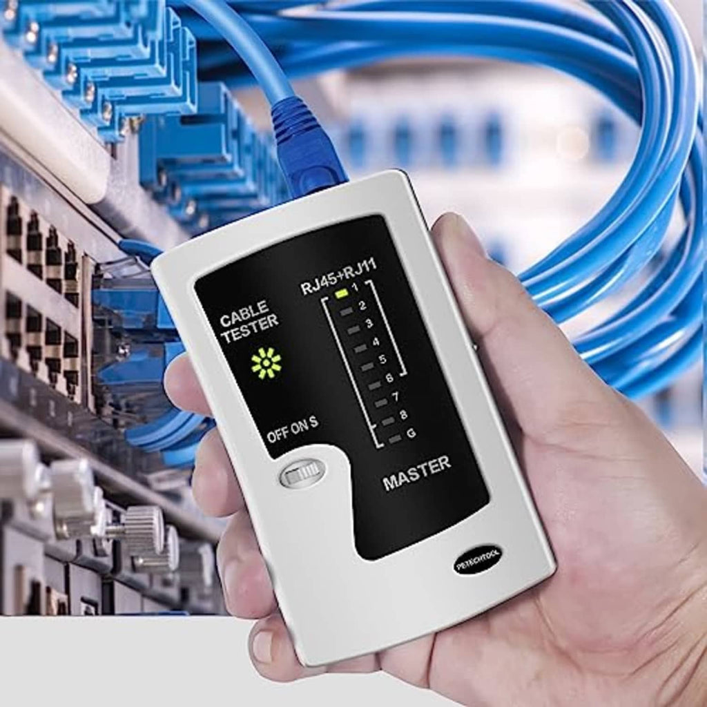 Handheld RJ45/RJ11 network cable tester with pin indicator panel and ports