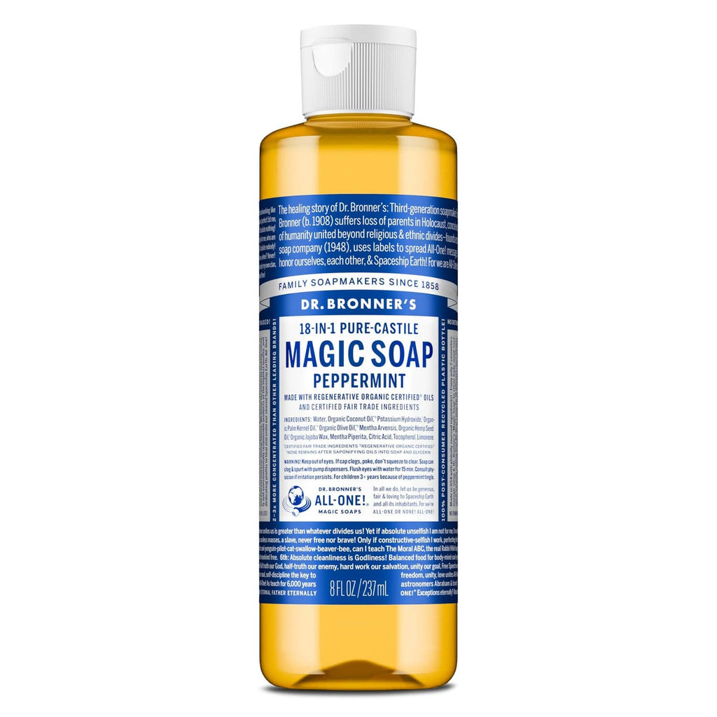 Dr. Bronner's 18-in-1 pure castile magic soap peppermint liquid bottle