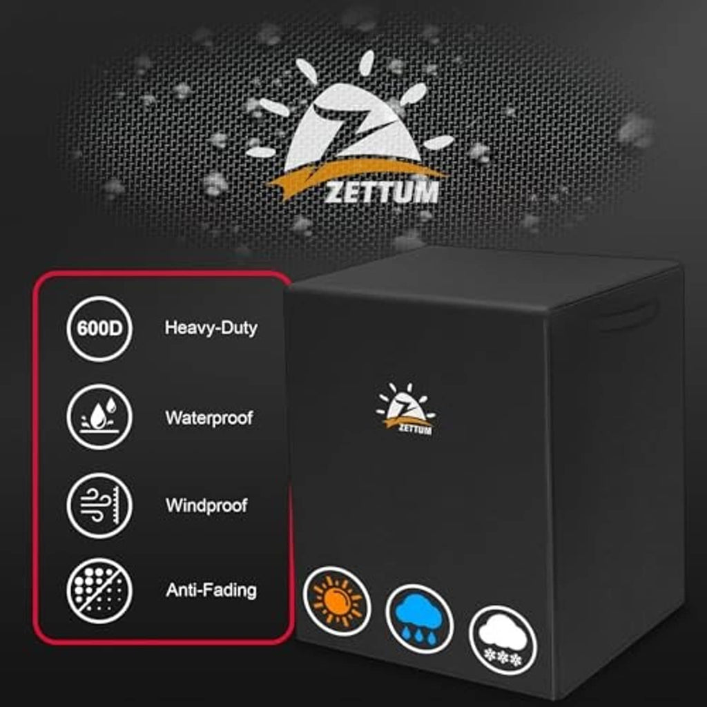 Black 600D outdoor AC unit cover with waterproof, windproof, and anti-fading badges