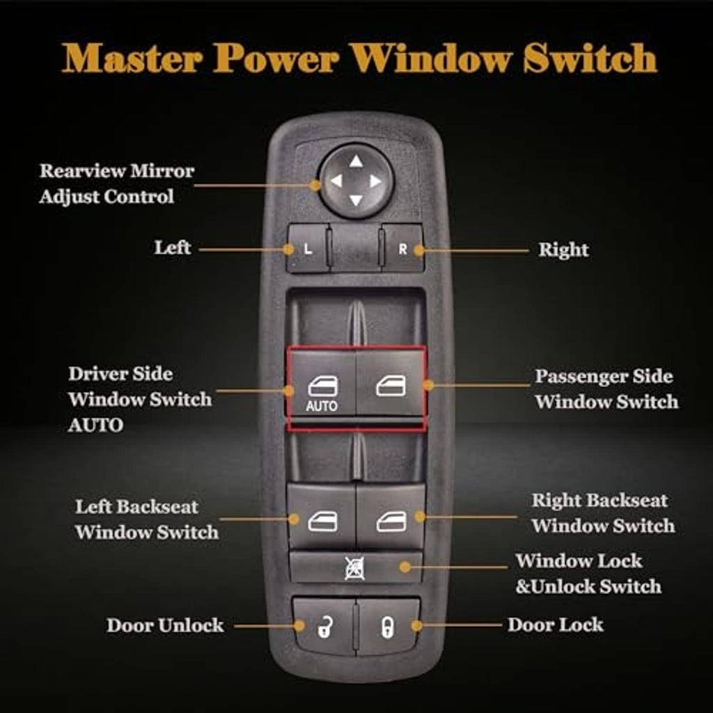 Black master power window switch panel with AUTO and window control buttons
