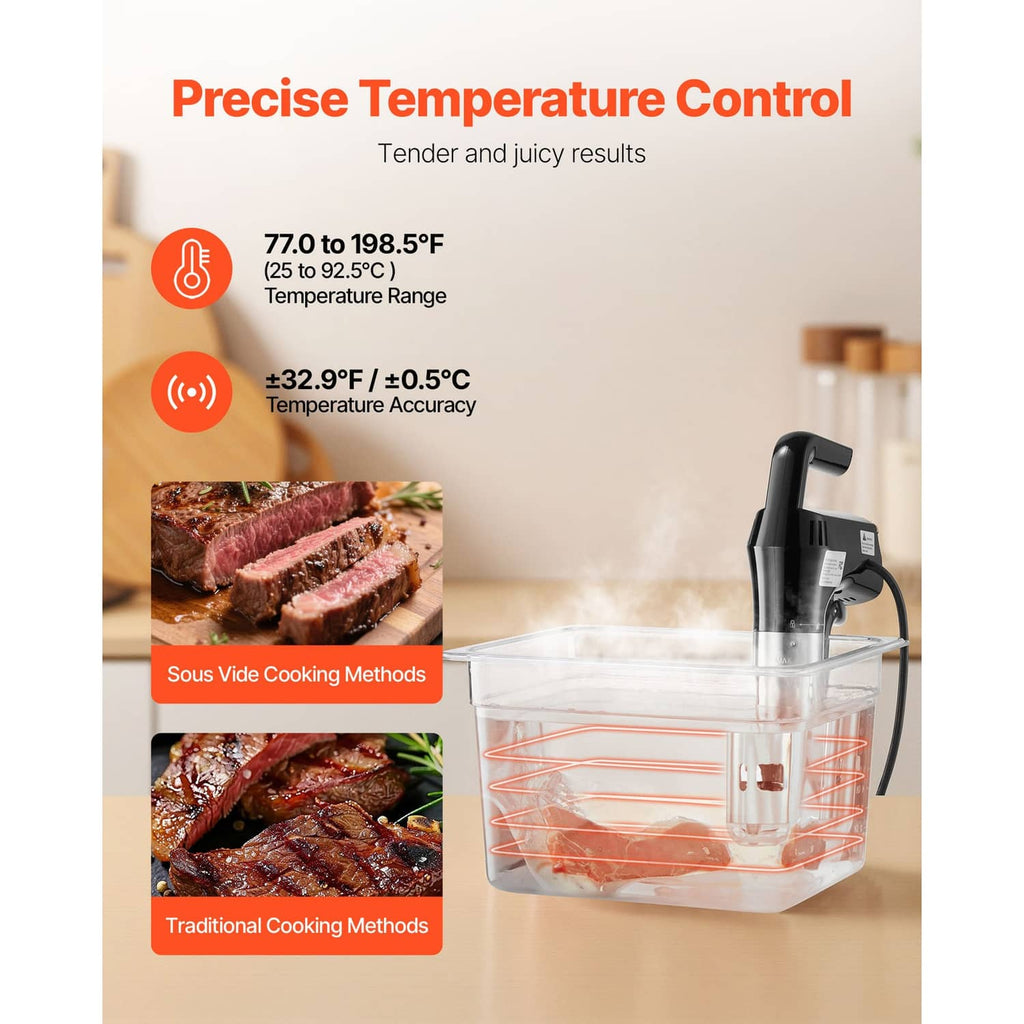Sous vide precision cooker set above a clear plastic tub with visible internal heating ring