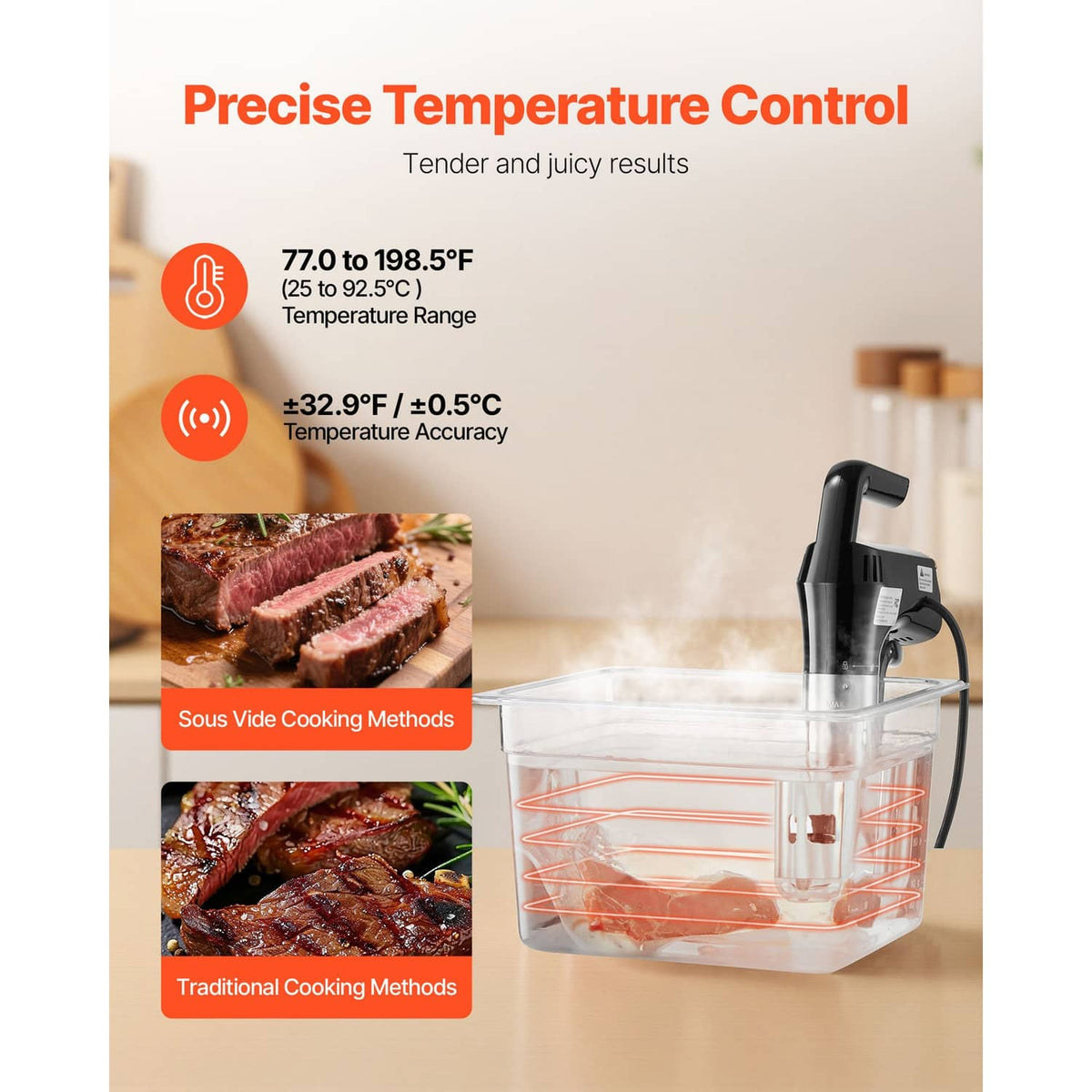 Sous vide precision cooker set above a clear plastic tub with visible internal heating ring