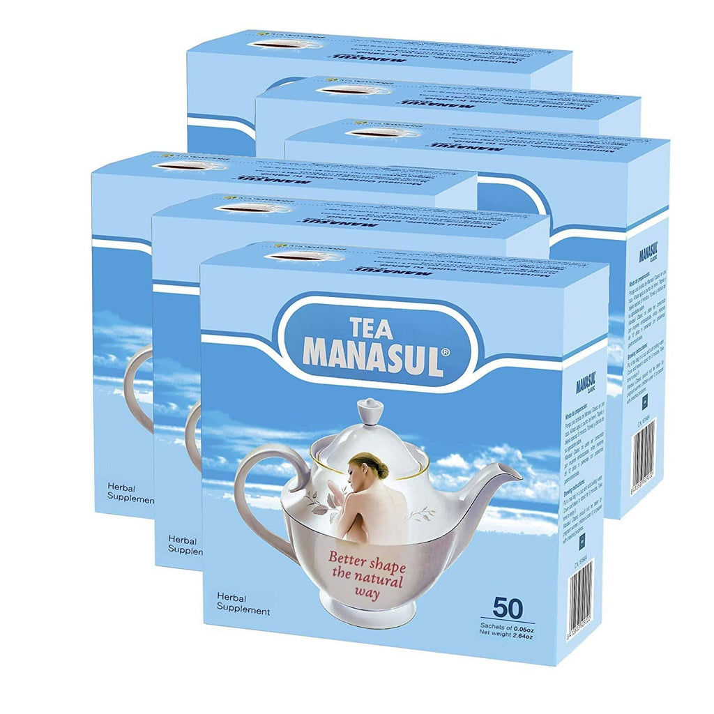 Manasul herbal tea supplement boxes in blue packaging with teapot logo