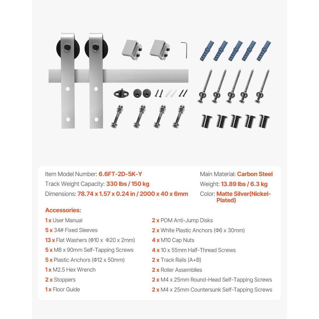 Silver barn door track kit parts layout: brackets, rollers, spacers, and screws
