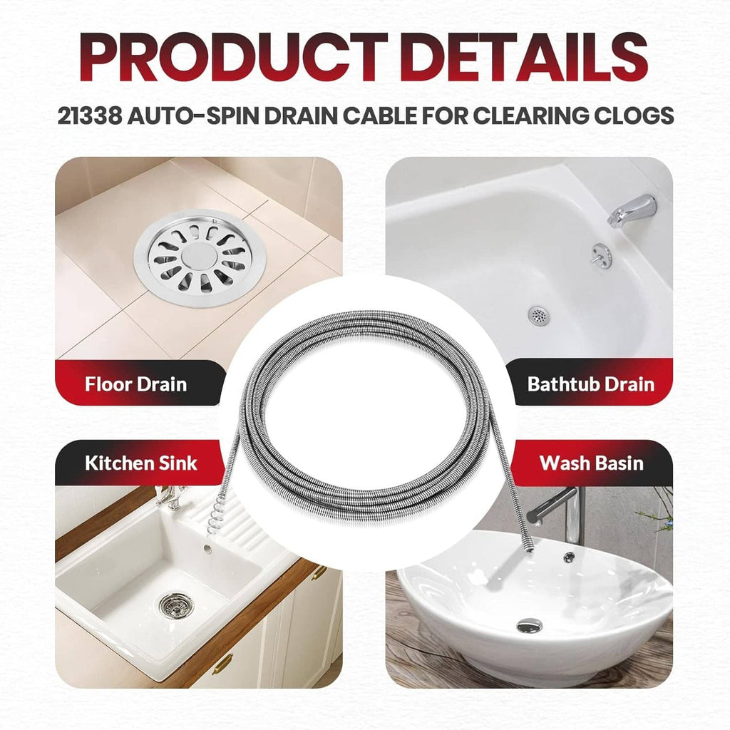 Auto-spin drain cable replacement, centered coiled stainless auger for drains