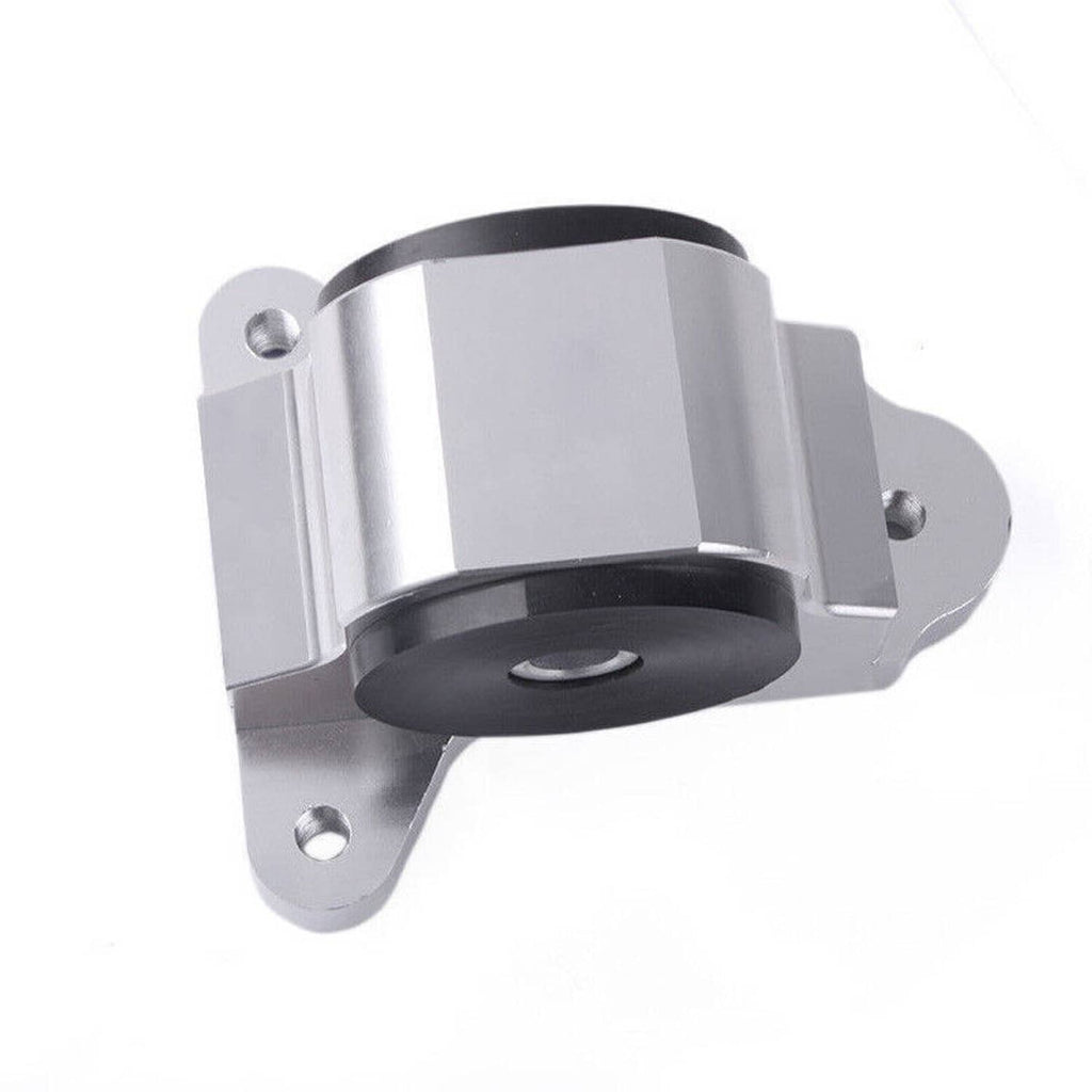 Silver engine mount with black rubber bushing and two mounting ear brackets